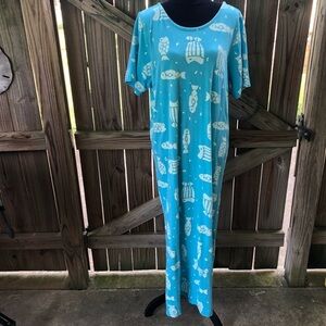 Vintage Cotton Connection Blue Maxi Coastal Fish Print Short Sleeve Dress Size L